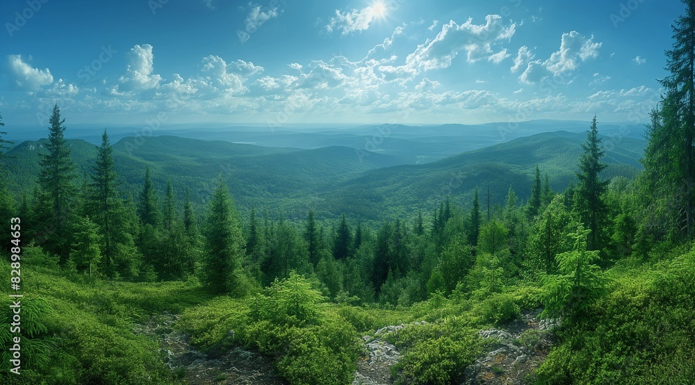 Fototapeta premium Panorama of green forest landscape with trees (trunks)
