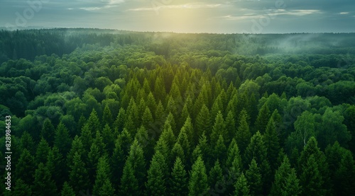 Panorama of green forest landscape with trees (trunks)