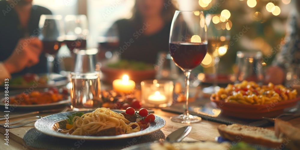 A cozy dinner ambience with wine, candles and plates full of food, portraying a social gathering A cozy dinner ambience with wine, candles and plates full of food, portraying a social gathering