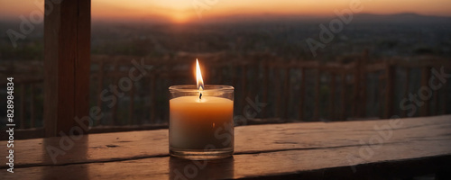 Candle on wooden table with window in background. Highly detailed illustration photo