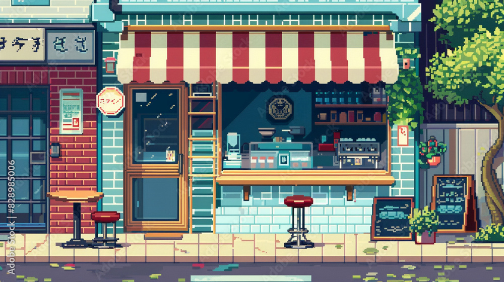 2d pixel art of cafe shop , coffee shop, game art, 16 bits, 32 bits