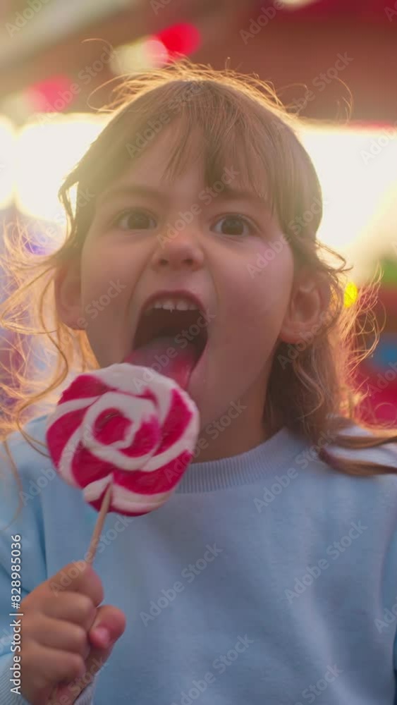 Happy smiling little girl in amusement park. Child with a large candy on a stick in her hand smiles and shows her emotions in the frame, standing against the background of burning carousels