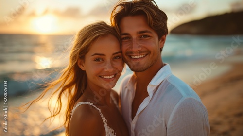 Close up of a smiling beautiful young couple embracing while standing at the beach