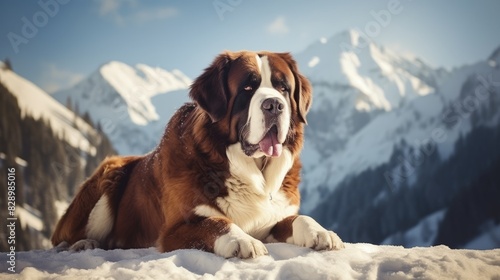 Serene Saint Bernard: Majestic Dog Resting in Snowy Landscape with Snow-Covered Trees and Mountains in Background photo