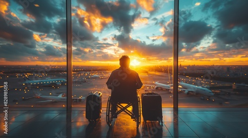 man in a wheelchair with luggage at the airport photo