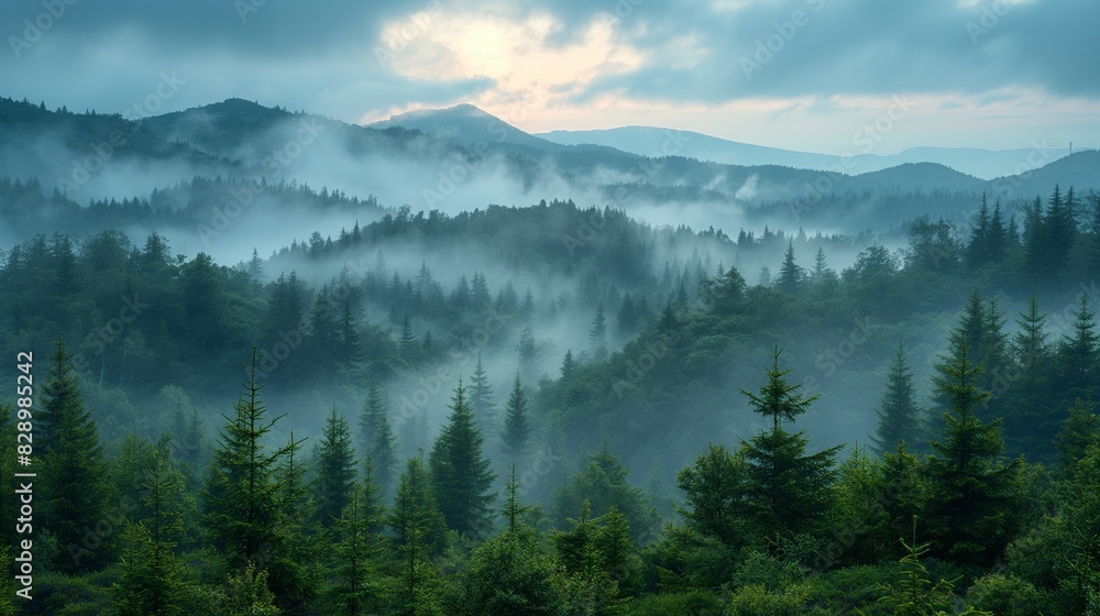 Panorama of green forest landscape with trees (trunks), white fog at the treetops