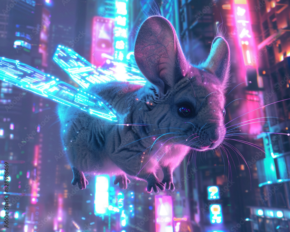 Fototapeta premium Cyberpunk chinchilla with neon, holographic wings, flying through a futuristic cityscape with neon lights and towering buildings, Cyberpunk, Neon colors, Digital art