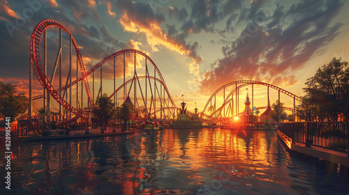 sunset on the amusement park, theme park concept  photo