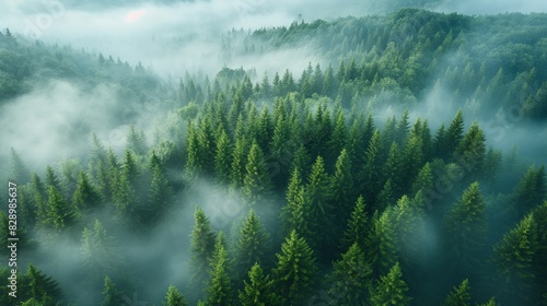 Panorama of green forest landscape with trees  trunks   white fog at the treetops