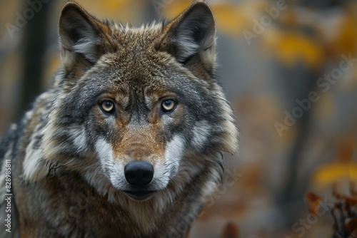 A grey wolf is standing in the forest near trees