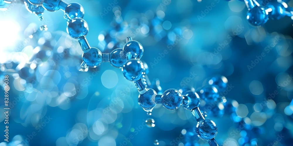 Serum background with blue molecular structure, water drop, and DNA model. Concept Healthcare, Science, Biology, Fresh, Pure Serum background with blue molecular structure, water drop, and DNA model. Concept Healthcare, Science, Biology, Fresh, Pure