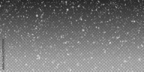 Christmas background with small falling snowflakes. Snow storm effect, blurred, cold wind with snow png. Holiday powder snow for cards, invitations, banners, advertising.
