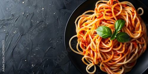 Plate of Italian spaghetti with black background and space for text. Concept Food Photography, Italian Cuisine, Restaurant Menu, Spaghetti Dish, Black Background