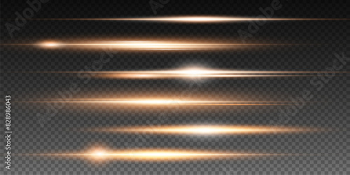 Set of realistic vector gold stars png. Set of vector suns png. Gold flares with highlights. Horizontal light lines, laser, flash.	
