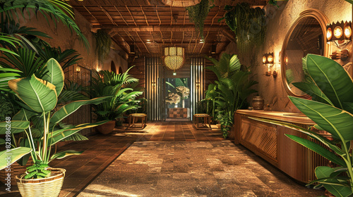 interior of a hotel lobby with tree and foliage, nature decoration style #828986268