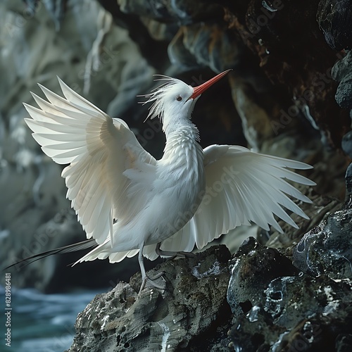 adult female Redtailed Tropicbird Phaethon rubricauda with white plumage and long red tail feathers found in Hawaii North America photo