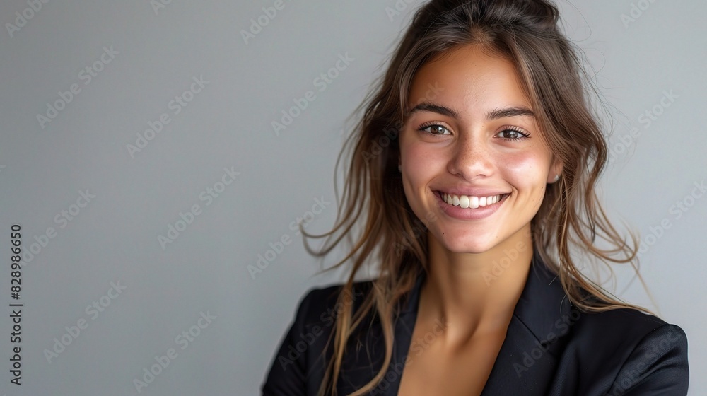 businesswoman with a captivating smile, radiating confidence and positivity against the simplicity of a white background businesswoman with a captivating smile, radiating confidence and positivity against the simplicity of a white background