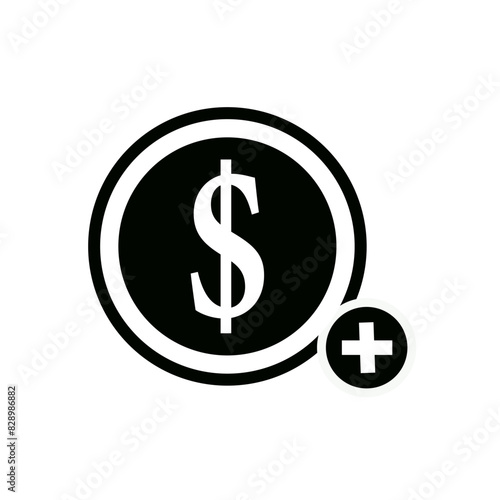 Money icon. Dollar sign. Finance icon with add sign. Finance icon and new, plus, positive symbol. Icon, extra, money, dollar, positive, sign, join, pay, plus, add,