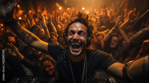 Dynamic DJ Electrifying a Halloween Party With a Cheerful Crowd in Pumpkin Masks, Ai Generated