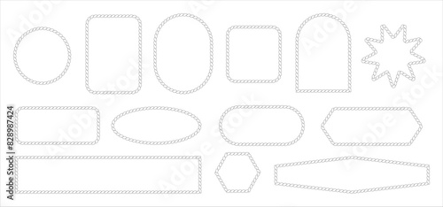 Rope frames vector set isolated on transparent background. Borders of different geometric shapes are round, oval and square.