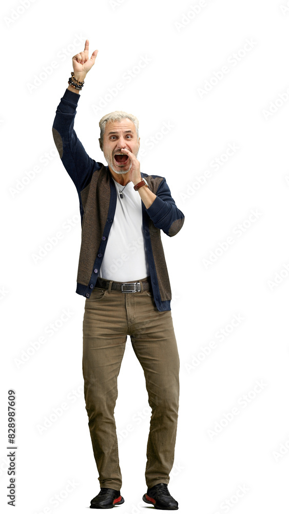 Naklejka premium A man, full-length, on a white background, rejoices
