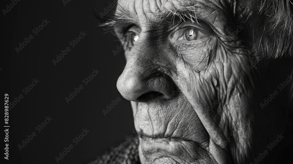 Deeply thoughtful elderly man in an artistic black and white portrait, showing his wrinkled expression Deeply thoughtful elderly man in an artistic black and white portrait, showing his wrinkled expression