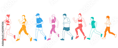 Men, women and teenagers running, different colors, cartoon characters, people silhouettes, flat icon design concept, hand drawn vector illustration isolated on white background