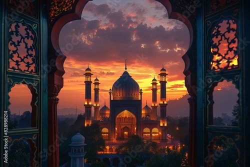 An image of a mosque lit up at sunset through an open window