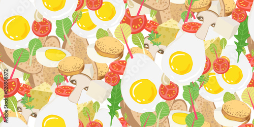 Sliced vegetables, egg, bread, greens, scrambled egg to create sandwiches. Appetizer food on white seamless pattern. Snacks. Healthy and tasty food ideas. Dishes for keeping fit. Vector illustration