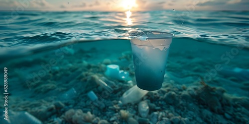 Symbolism of a plastic cup floating in the ocean: Highlighting the problem of pollution and plastic waste. Concept Pollution Awareness, Plastic Waste, Environmental Degradation, Ocean Conservation photo
