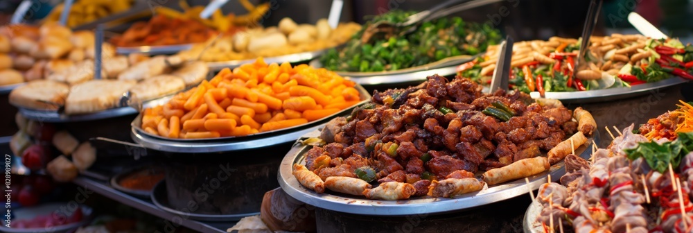 Obraz premium A variety of street food dishes displayed in large bowls at a market, vibrant and appetizing