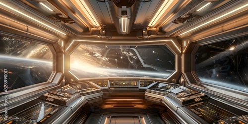 Fototapeta Naklejka Na Ścianę i Meble -  Futuristic Spaceship Control Room Window with a View of Space. Concept Science Fiction, Spaceship, Control Room, Space Scene, Futuristic Technology