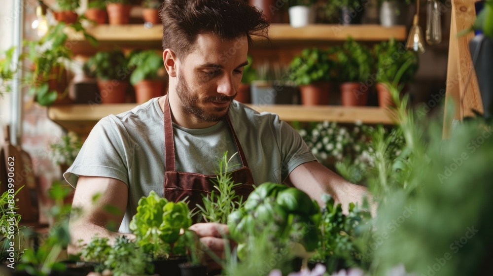 Calm Caucasian man in apron enjoying indoor gardening at home Leisure pursuit of individual Calm Caucasian man in apron enjoying indoor gardening at home Leisure pursuit of individual