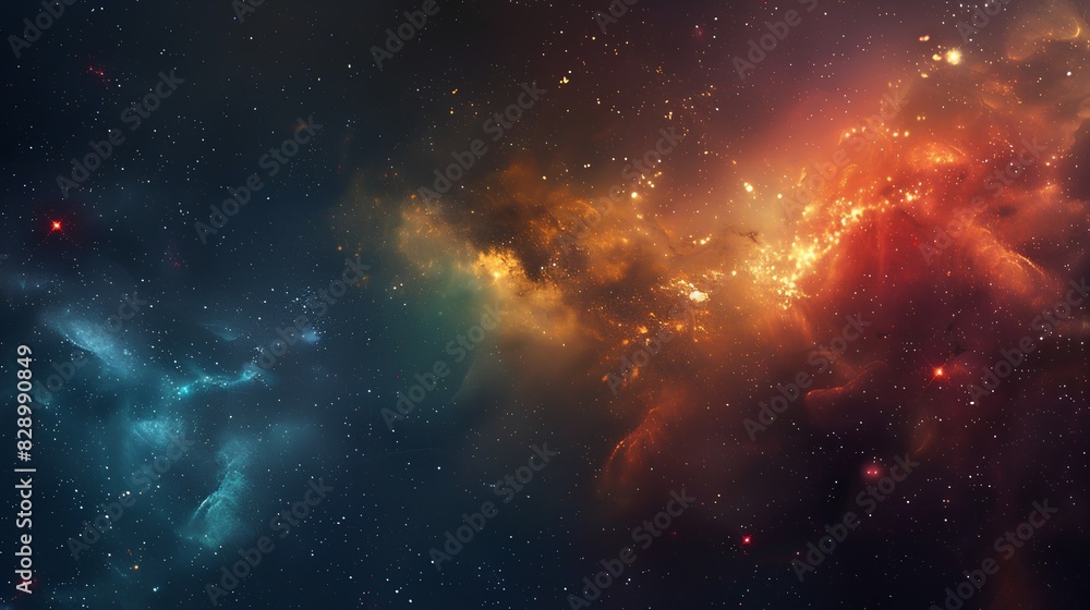Fototapeta premium An abstract background of space with galaxies and nebulae, glowing in shades of blue, orange, red, and purple, creating an otherworldly atmosphere. 