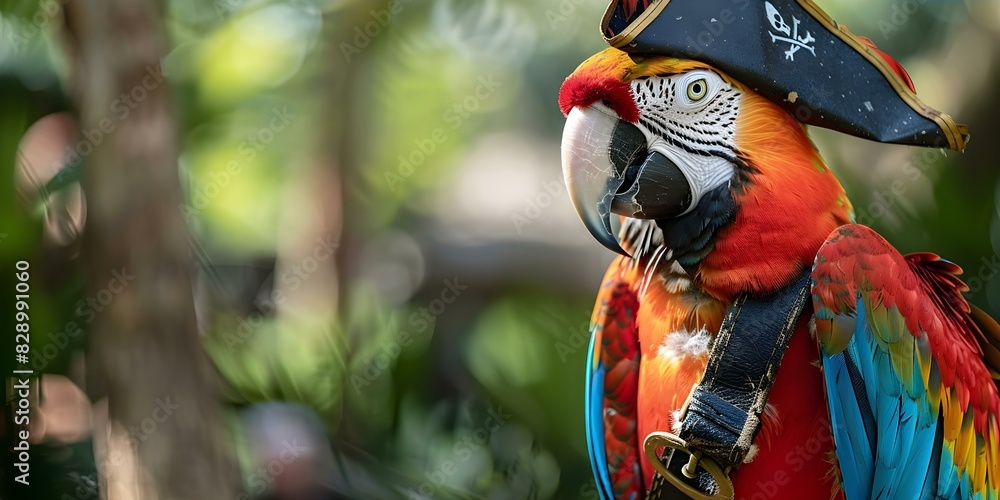 A colorful parrot wearing a pirate outfit ready to set sail. Concept Outdoor Photoshoot, Colorful Props, Imaginative Portraits, Pirate Costume, Animal Photography A colorful parrot wearing a pirate outfit ready to set sail. Concept Outdoor Photoshoot, Colorful Props, Imaginative Portraits, Pirate Costume, Animal Photography