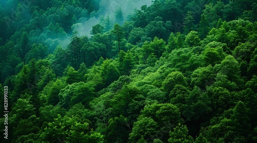 A bird's eye view of a dense green forest in a misty atmosphere with natural light in the style of professional photography similar to national geographic photos with high definition.