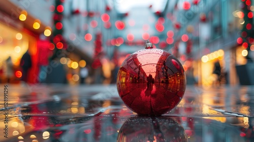 Christmas Mall Reflection in Red Decorative Sphere