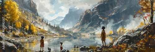 Gathering the Valley Depict a serene valley where a group of huntergatherers are foraging for berries and roots with children playing in the background photo