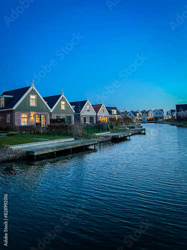 Traditional Dutch houses in the village along the canal.