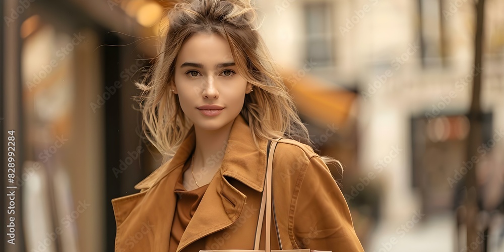Fototapeta premium Model woman shops with style on Paris streets. Concept Fashion Photography, Parisian Style, Street Shopping, Women's Fashion, City Lifestyle