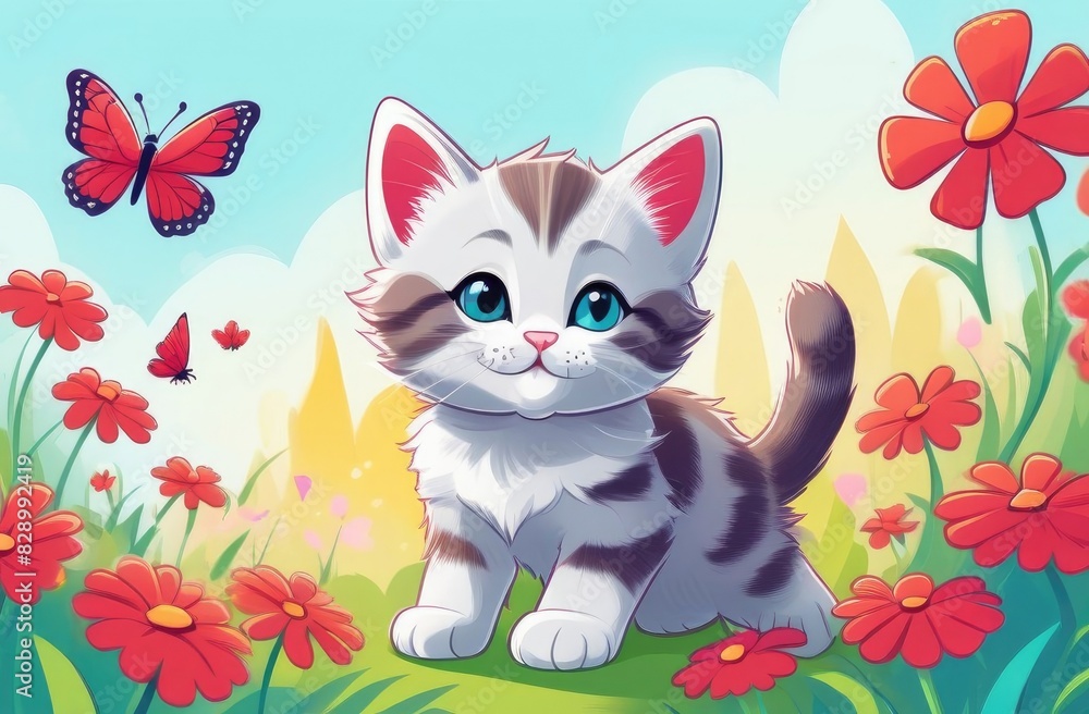 kitten in the middle of field flowers, butterfly is flying nearby.