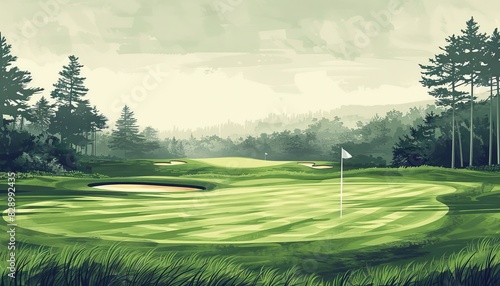 1920s-inspired golf green illustration with soft pastels and elegant lines, perfect for graphic design backgrounds.
