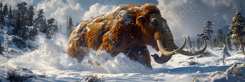 Neanderthal hunters stealthily tracking woolly mammoth through a snowy landscape using a highspeed shutter to freeze the action photo