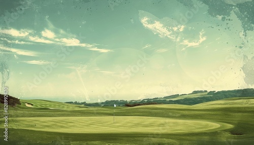 Vintage golf green illustration with 1920s sports poster vibe. Soft pastel colors, elegant lines. Perfect for magazines or graphic design.