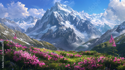 The sharp Alpine peaks of Mont Blanc with snow and glaciers soar above the spring meadows, where rhododendrons bloom - delicate fragrant spring flowers. photo