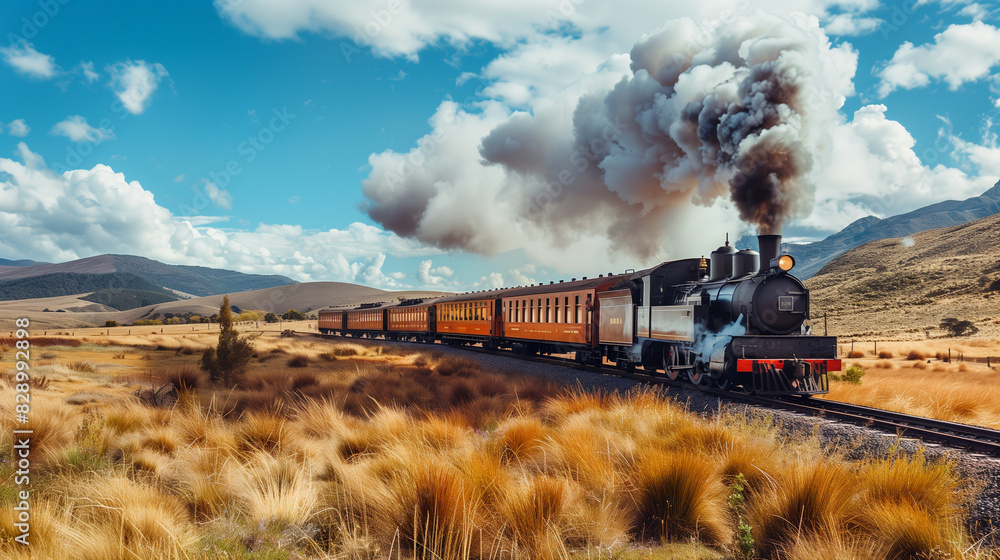 Scenic Steam Train Journey through Rolling Hills in Autumn, AI Generation Scenic Steam Train Journey through Rolling Hills in Autumn, AI Generation