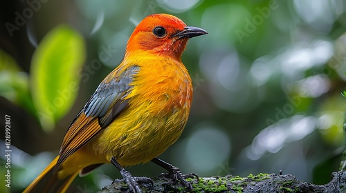 adult male Flame Bowerbird Sericulus aureus with bright red and orange plumage found in Papua New Guinea Oceania
