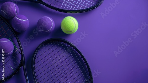 Black tennis rackets and tennis balls with a purple backdrop symbolizing sports rivalry and games photo
