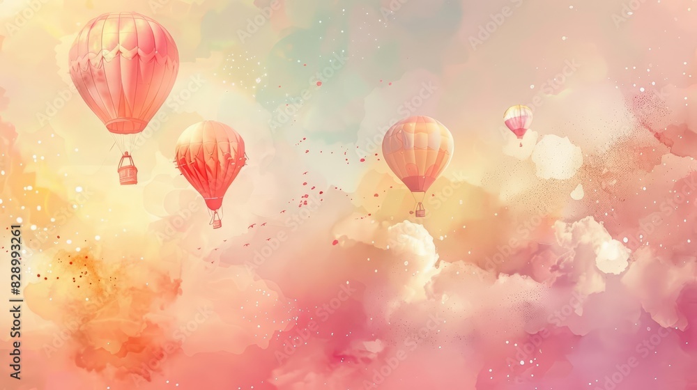Fototapeta premium A dreamy watercolor illustration featuring hot air balloons floating in a pastel-colored sky, suitable for creative and artistic backgrounds.