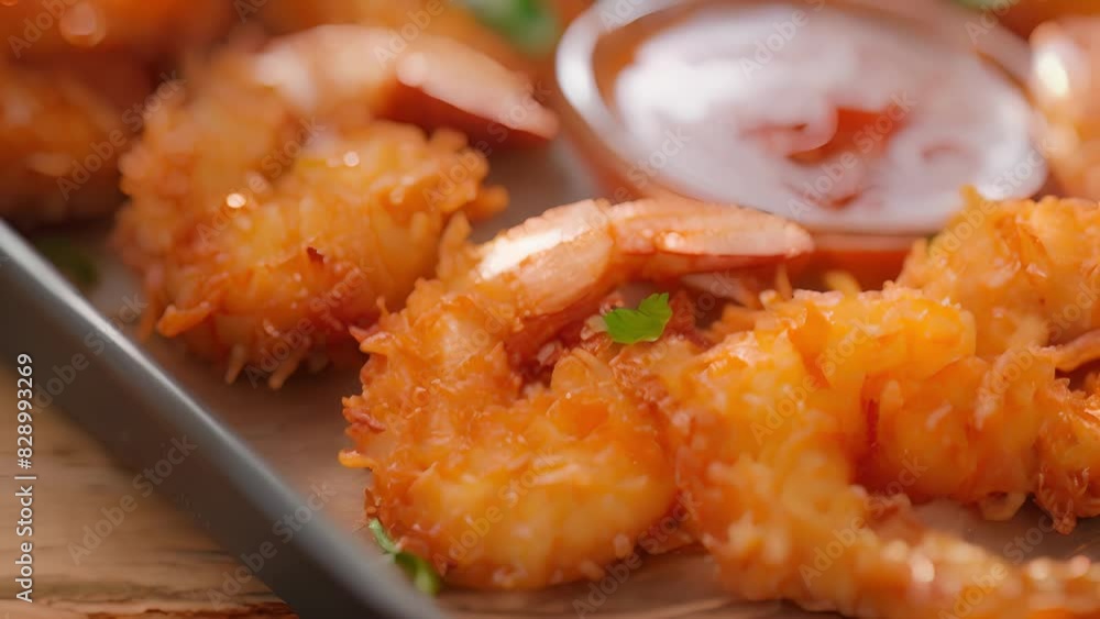 A tray of classic coconut shrimp fried to perfection and served with a sweet and y sauce. A tray of classic coconut shrimp fried to perfection and served with a sweet and y sauce.